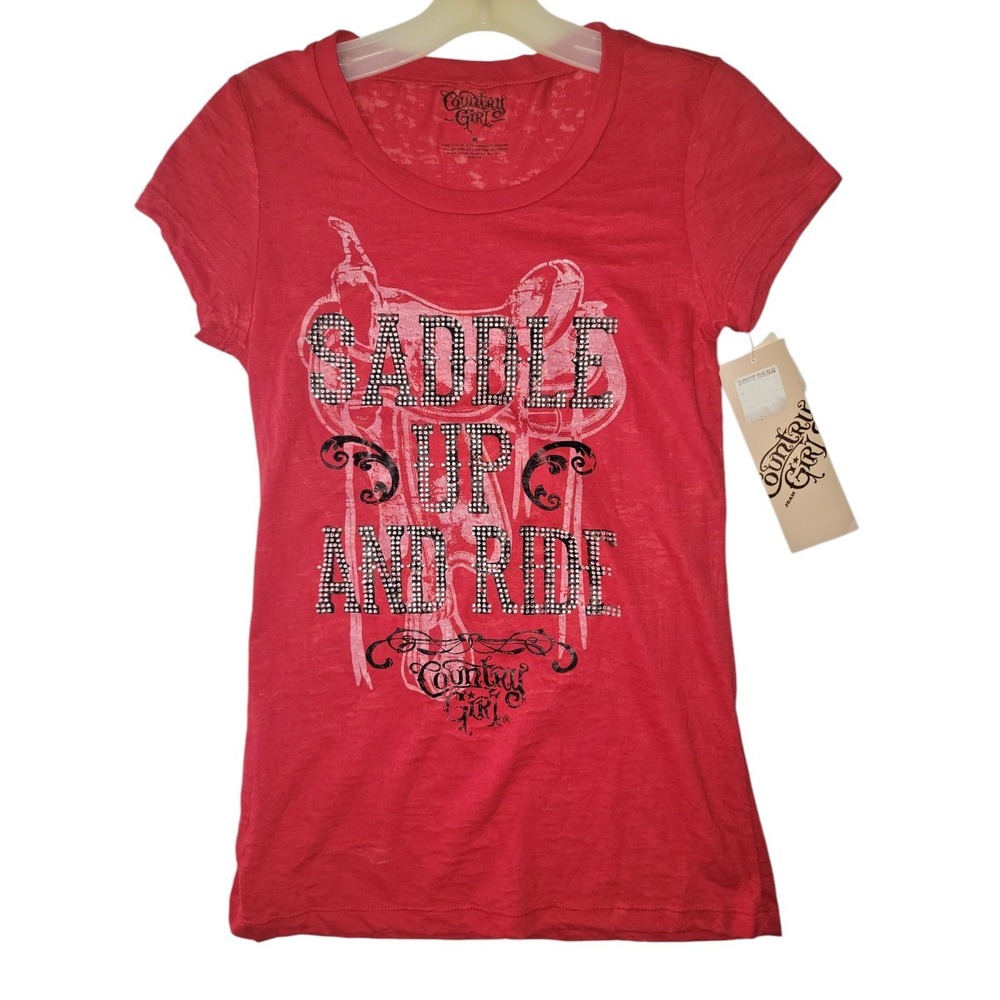 Country‎ Girl T-Shirt Saddle Up and Ride Rhinestone Red Cap Sleeve Sz Medium NWT